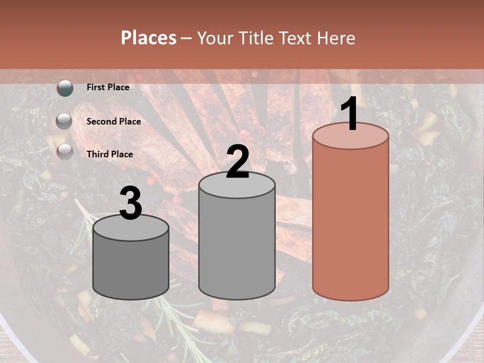 A Pan Filled With Meat And Greens On Top Of A Wooden Table PowerPoint Template