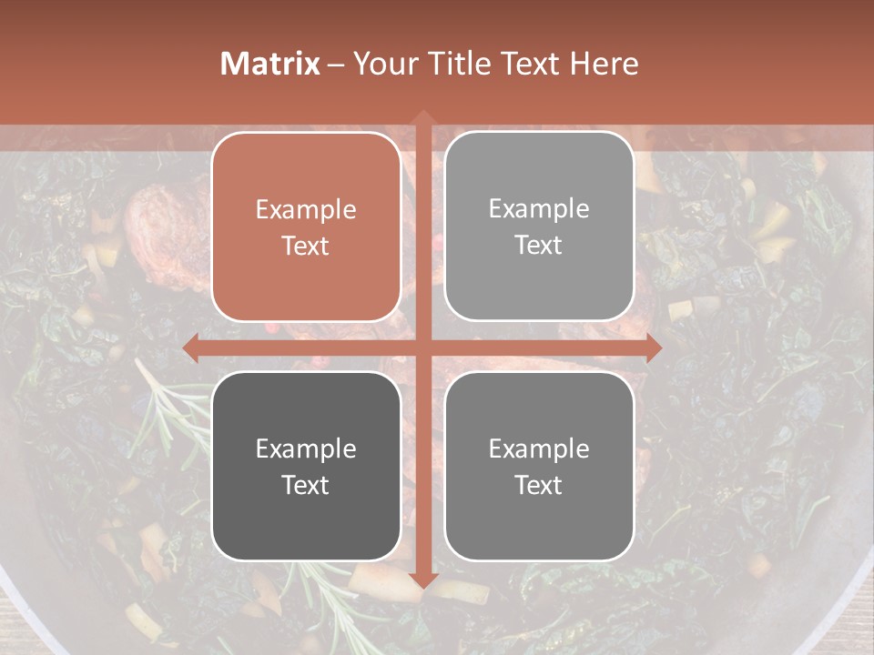 A Pan Filled With Meat And Greens On Top Of A Wooden Table PowerPoint Template