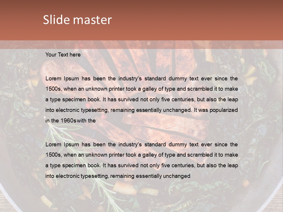 A Pan Filled With Meat And Greens On Top Of A Wooden Table PowerPoint Template