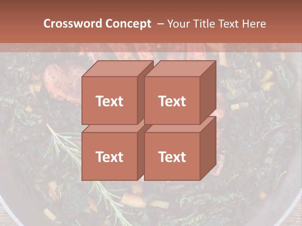 A Pan Filled With Meat And Greens On Top Of A Wooden Table PowerPoint Template