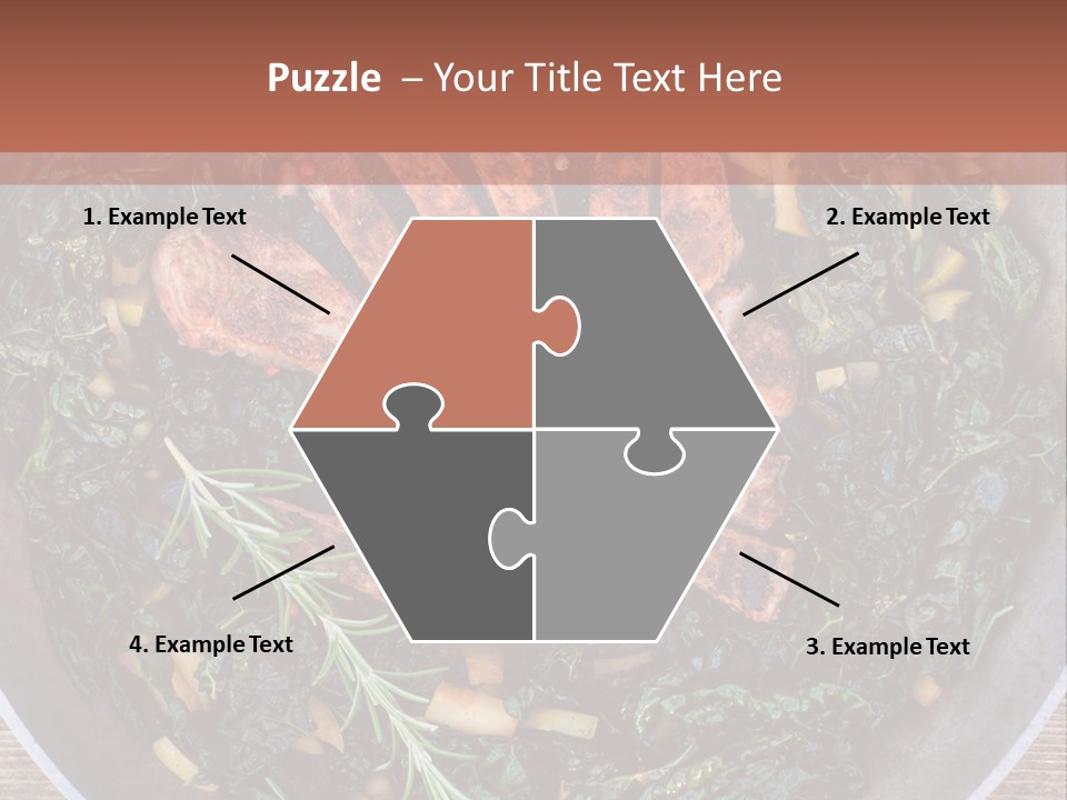 A Pan Filled With Meat And Greens On Top Of A Wooden Table PowerPoint Template