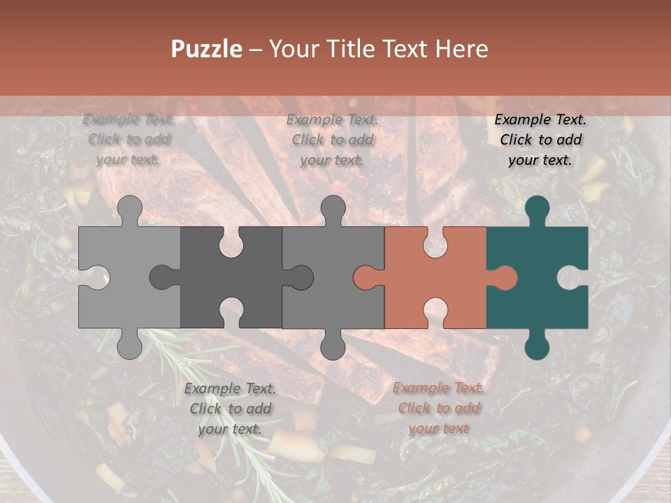 A Pan Filled With Meat And Greens On Top Of A Wooden Table PowerPoint Template