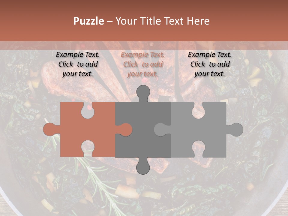 A Pan Filled With Meat And Greens On Top Of A Wooden Table PowerPoint Template