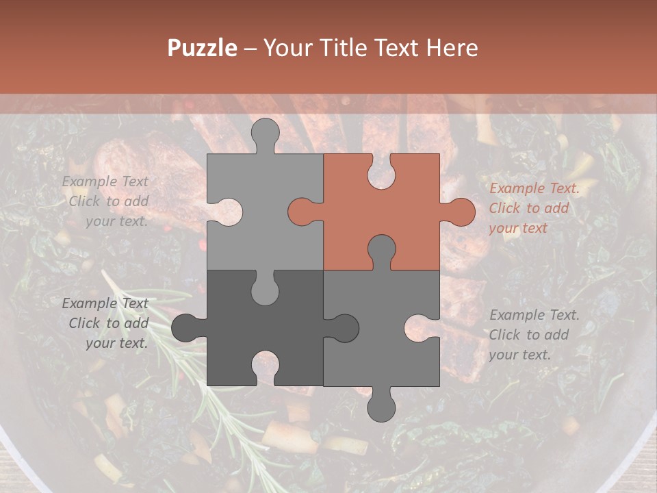 A Pan Filled With Meat And Greens On Top Of A Wooden Table PowerPoint Template