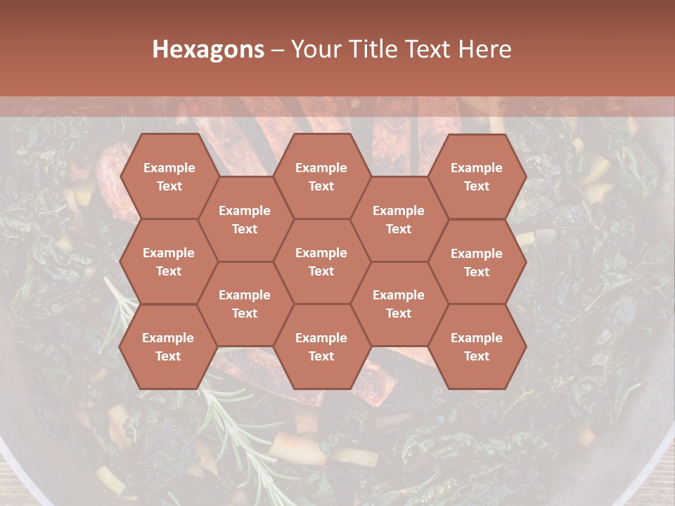 A Pan Filled With Meat And Greens On Top Of A Wooden Table PowerPoint Template