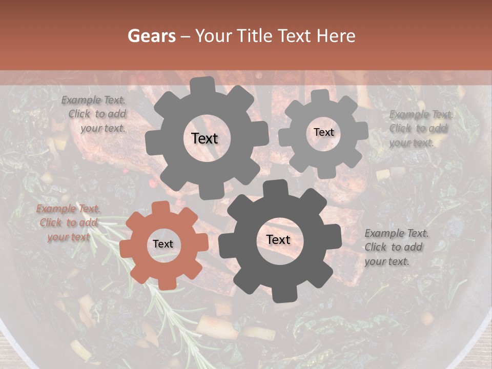 A Pan Filled With Meat And Greens On Top Of A Wooden Table PowerPoint Template