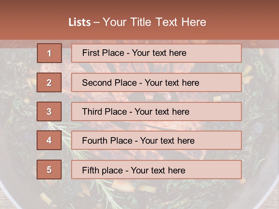 A Pan Filled With Meat And Greens On Top Of A Wooden Table PowerPoint Template