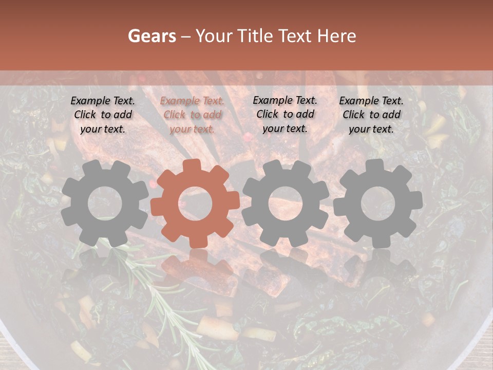 A Pan Filled With Meat And Greens On Top Of A Wooden Table PowerPoint Template