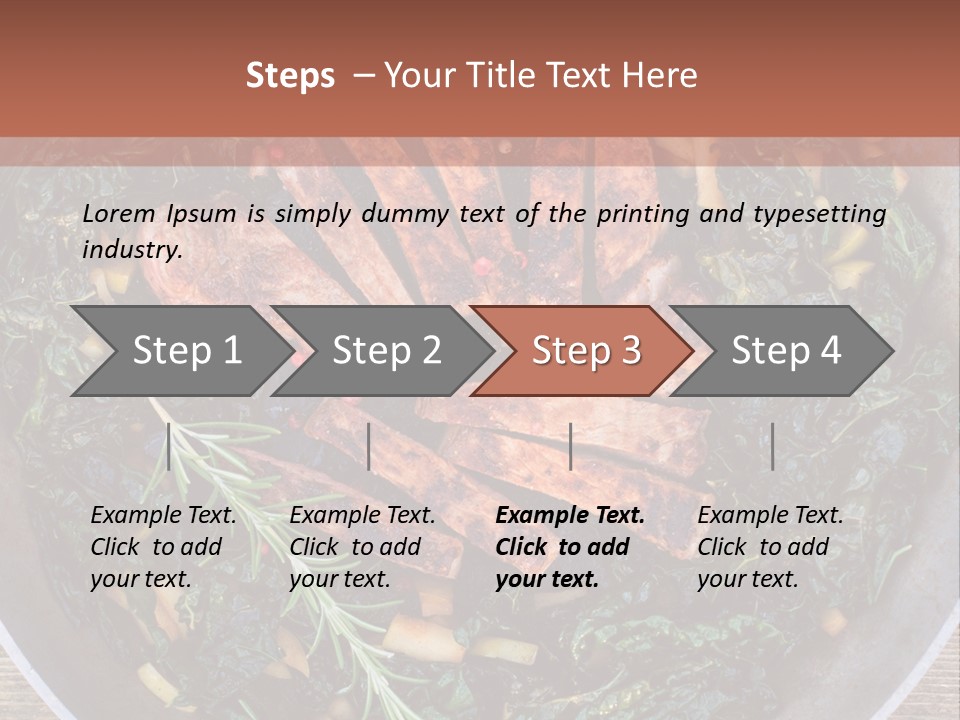 A Pan Filled With Meat And Greens On Top Of A Wooden Table PowerPoint Template