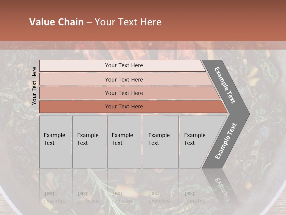 A Pan Filled With Meat And Greens On Top Of A Wooden Table PowerPoint Template
