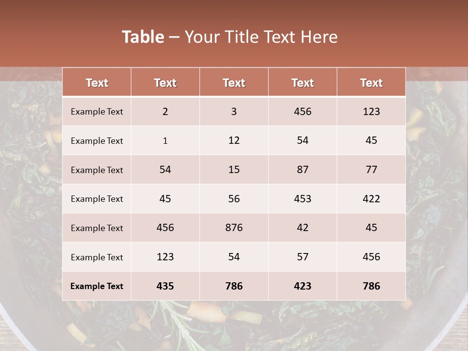 A Pan Filled With Meat And Greens On Top Of A Wooden Table PowerPoint Template