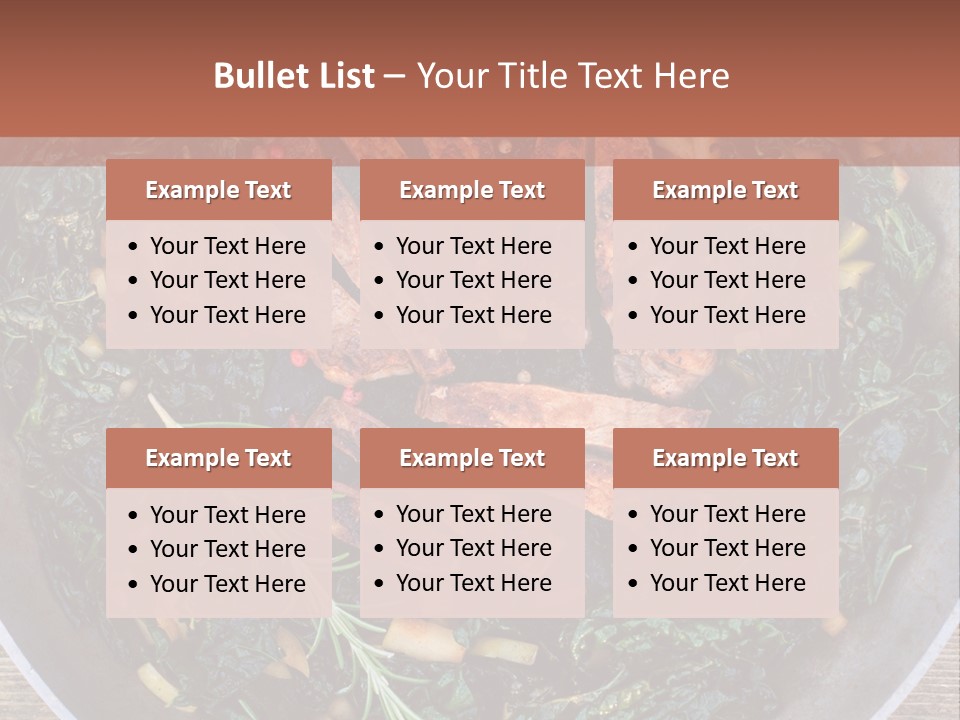 A Pan Filled With Meat And Greens On Top Of A Wooden Table PowerPoint Template