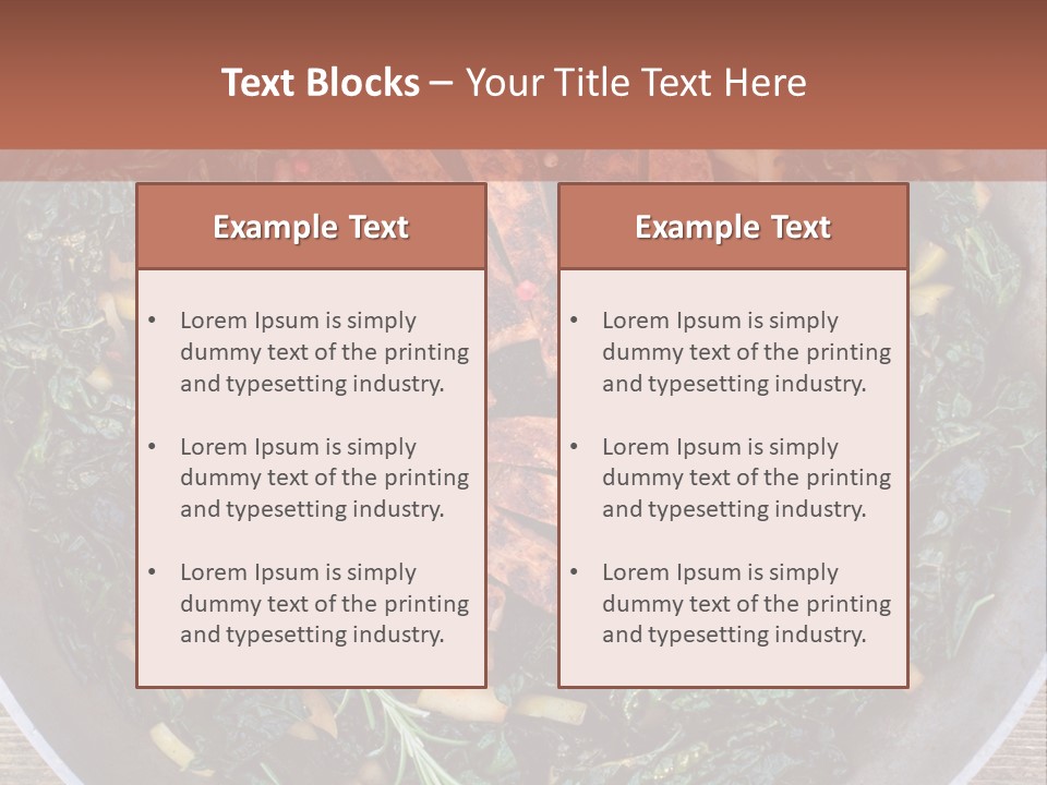 A Pan Filled With Meat And Greens On Top Of A Wooden Table PowerPoint Template