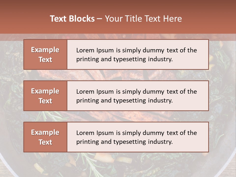 A Pan Filled With Meat And Greens On Top Of A Wooden Table PowerPoint Template