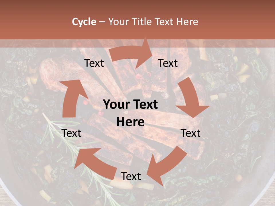 A Pan Filled With Meat And Greens On Top Of A Wooden Table PowerPoint Template