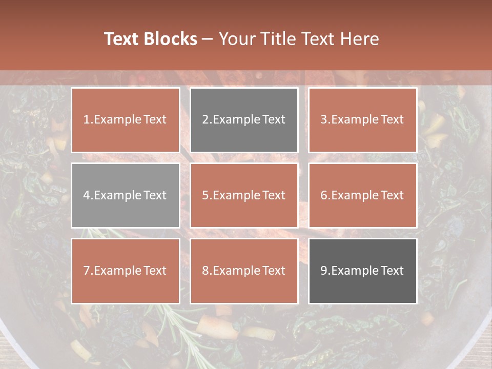A Pan Filled With Meat And Greens On Top Of A Wooden Table PowerPoint Template