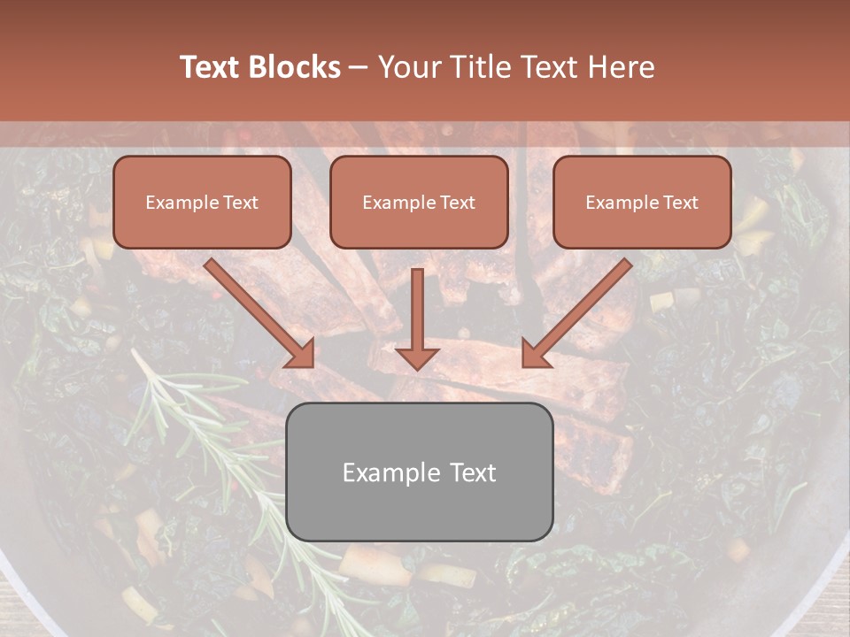 A Pan Filled With Meat And Greens On Top Of A Wooden Table PowerPoint Template