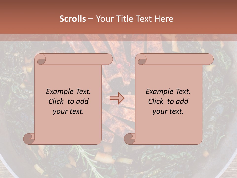 A Pan Filled With Meat And Greens On Top Of A Wooden Table PowerPoint Template