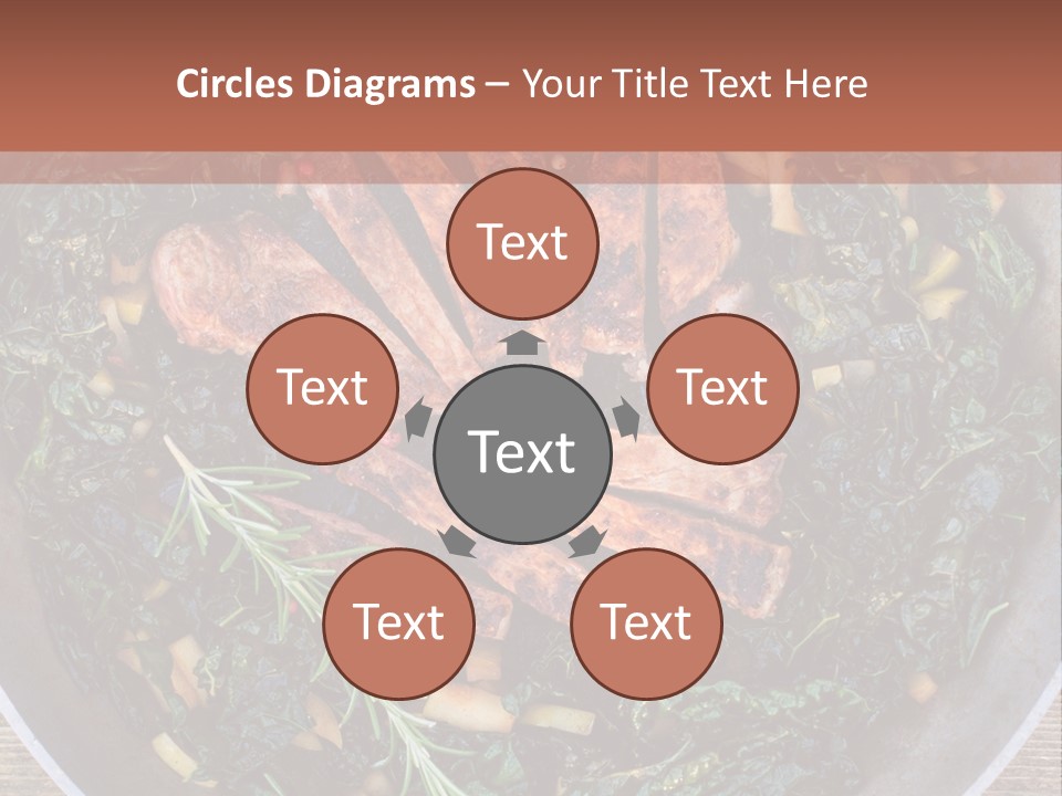 A Pan Filled With Meat And Greens On Top Of A Wooden Table PowerPoint Template