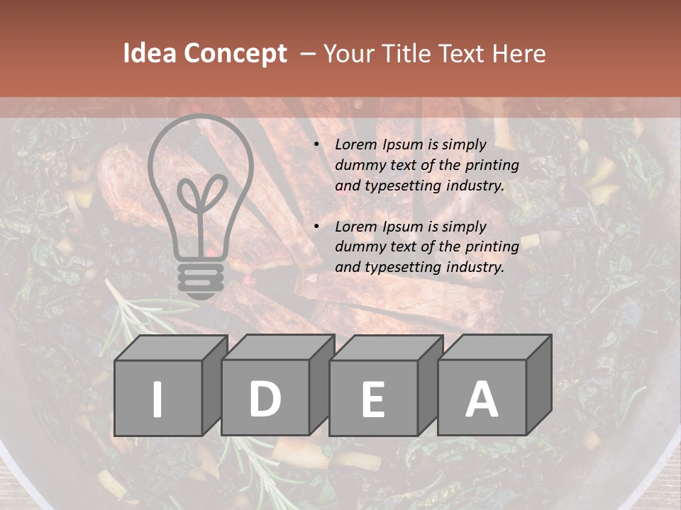 A Pan Filled With Meat And Greens On Top Of A Wooden Table PowerPoint Template