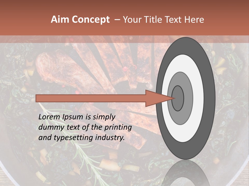 A Pan Filled With Meat And Greens On Top Of A Wooden Table PowerPoint Template