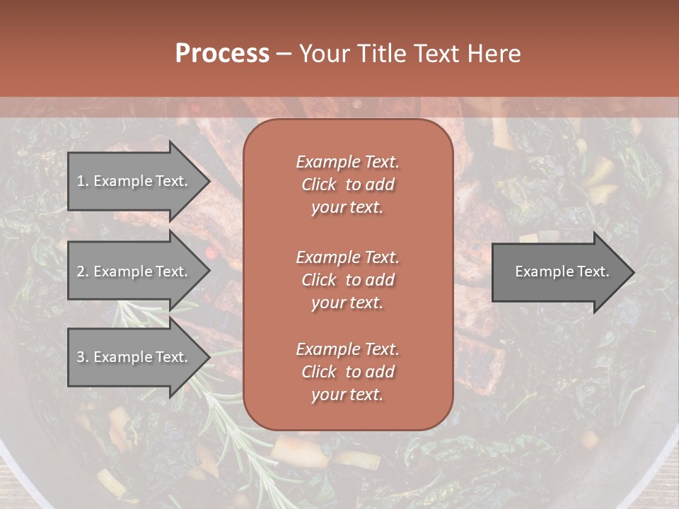 A Pan Filled With Meat And Greens On Top Of A Wooden Table PowerPoint Template