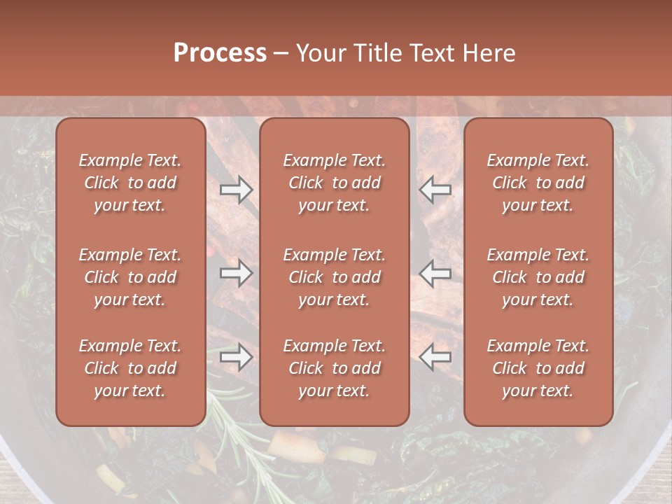 A Pan Filled With Meat And Greens On Top Of A Wooden Table PowerPoint Template