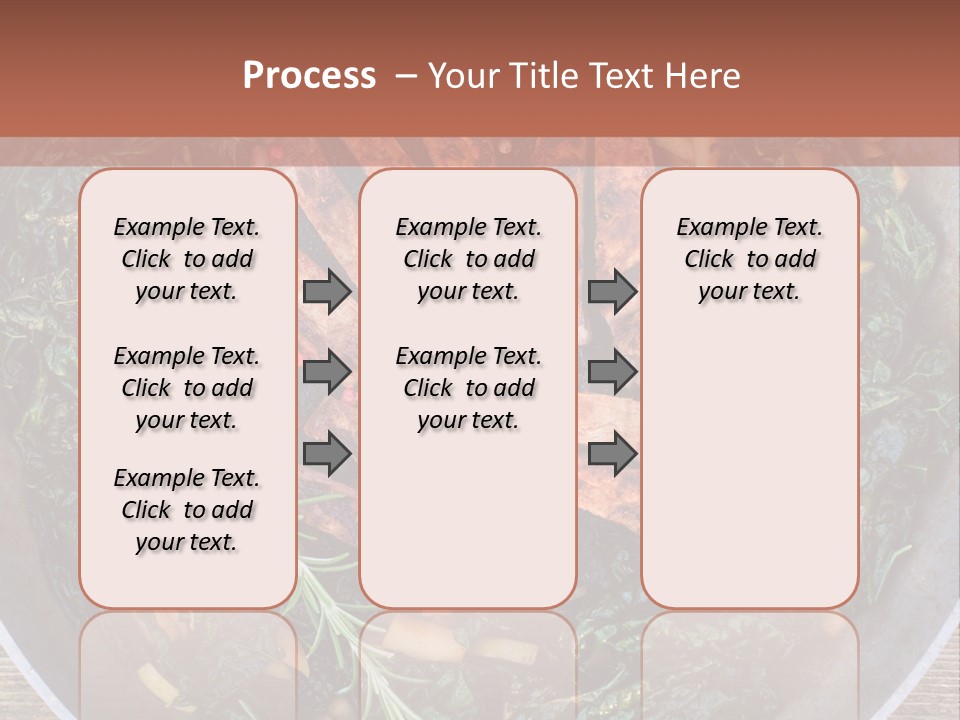 A Pan Filled With Meat And Greens On Top Of A Wooden Table PowerPoint Template