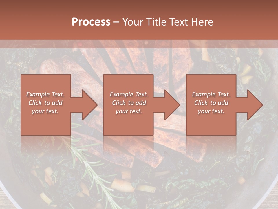 A Pan Filled With Meat And Greens On Top Of A Wooden Table PowerPoint Template