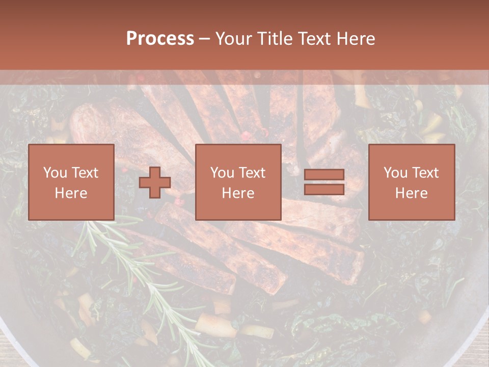 A Pan Filled With Meat And Greens On Top Of A Wooden Table PowerPoint Template