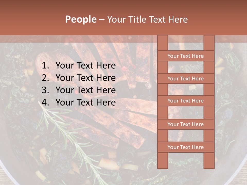 A Pan Filled With Meat And Greens On Top Of A Wooden Table PowerPoint Template