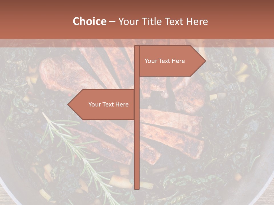 A Pan Filled With Meat And Greens On Top Of A Wooden Table PowerPoint Template