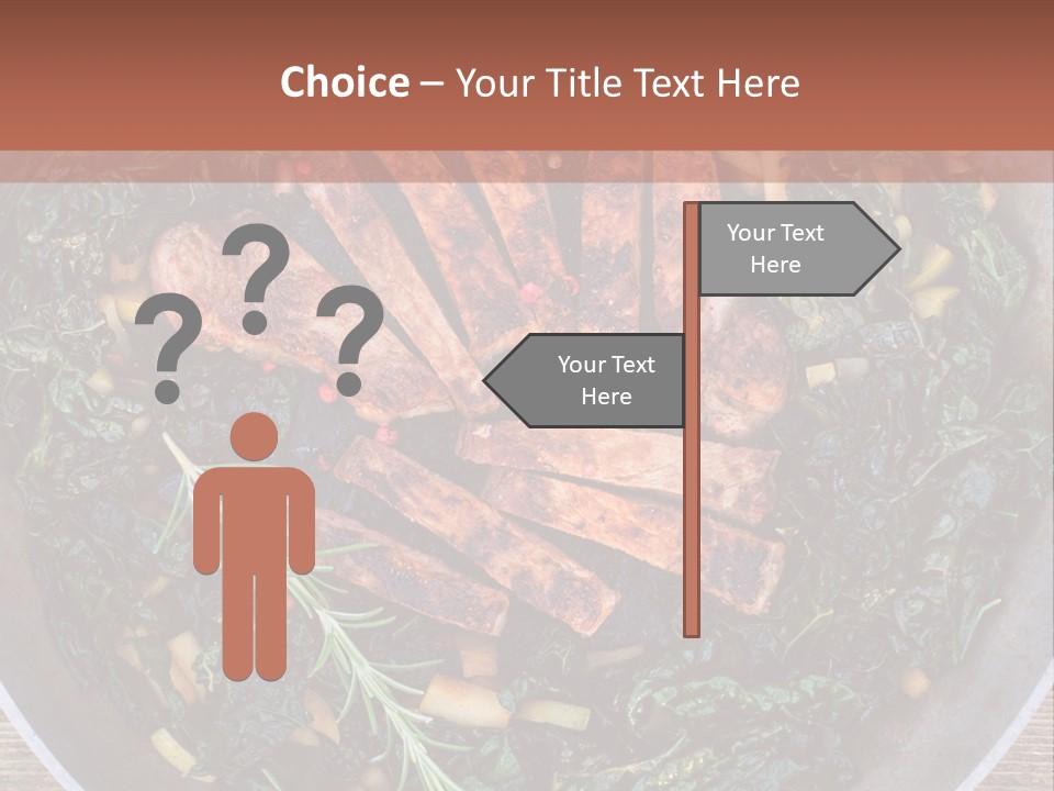 A Pan Filled With Meat And Greens On Top Of A Wooden Table PowerPoint Template