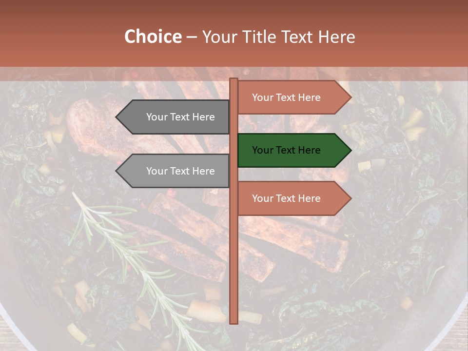 A Pan Filled With Meat And Greens On Top Of A Wooden Table PowerPoint Template