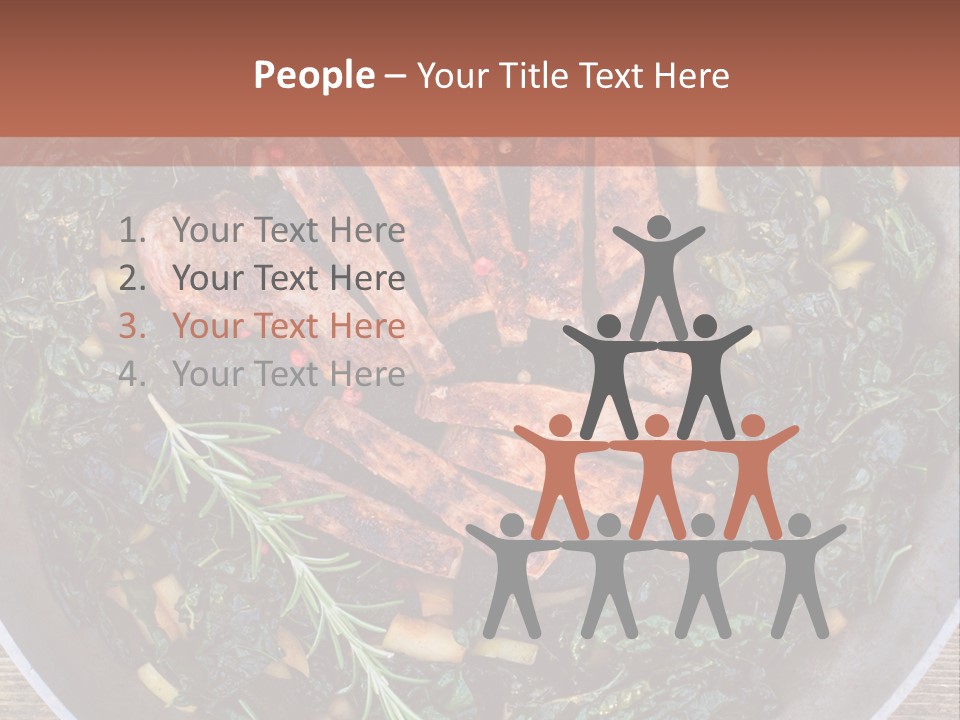 A Pan Filled With Meat And Greens On Top Of A Wooden Table PowerPoint Template