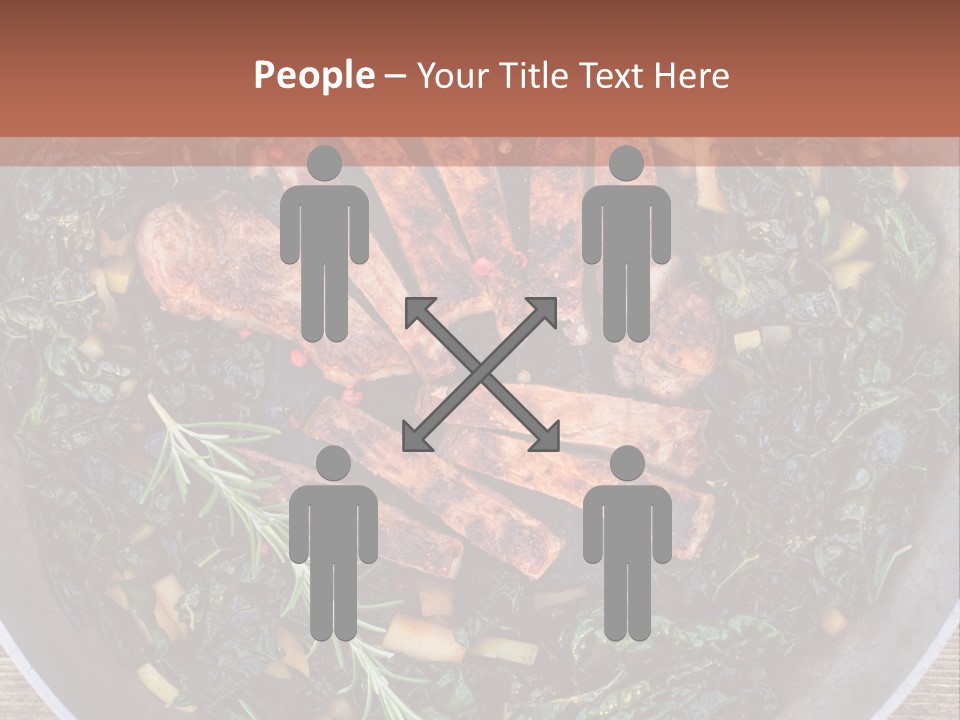A Pan Filled With Meat And Greens On Top Of A Wooden Table PowerPoint Template