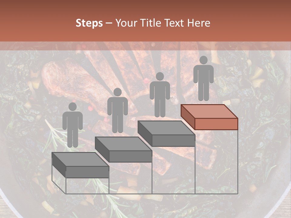 A Pan Filled With Meat And Greens On Top Of A Wooden Table PowerPoint Template