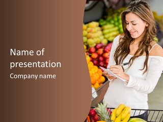 A Woman In A Grocery Store Writing On A Clipboard PowerPoint Template