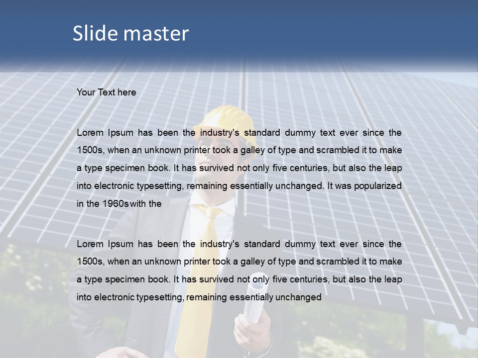 A Man Wearing A Hard Hat Standing In Front Of A Solar Panel PowerPoint Template