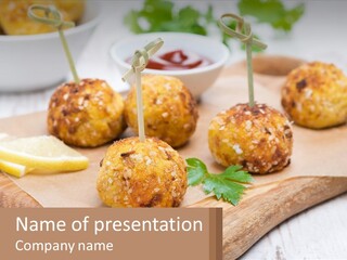 A Wooden Board Topped With Meatballs And Dipping Sauce PowerPoint Template