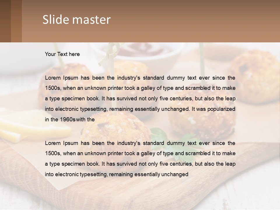 A Wooden Board Topped With Meatballs And Dipping Sauce PowerPoint Template