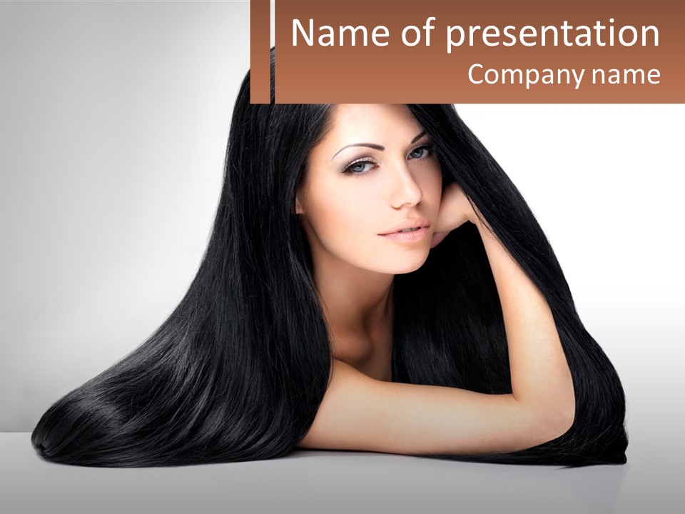 A Woman With Long Black Hair Is Posing For A Picture PowerPoint Template