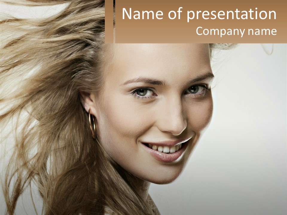 A Woman Is Smiling With Her Hair Blowing In The Wind PowerPoint Template