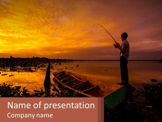 A Man Standing On A Boat Holding A Fishing Pole PowerPoint Template