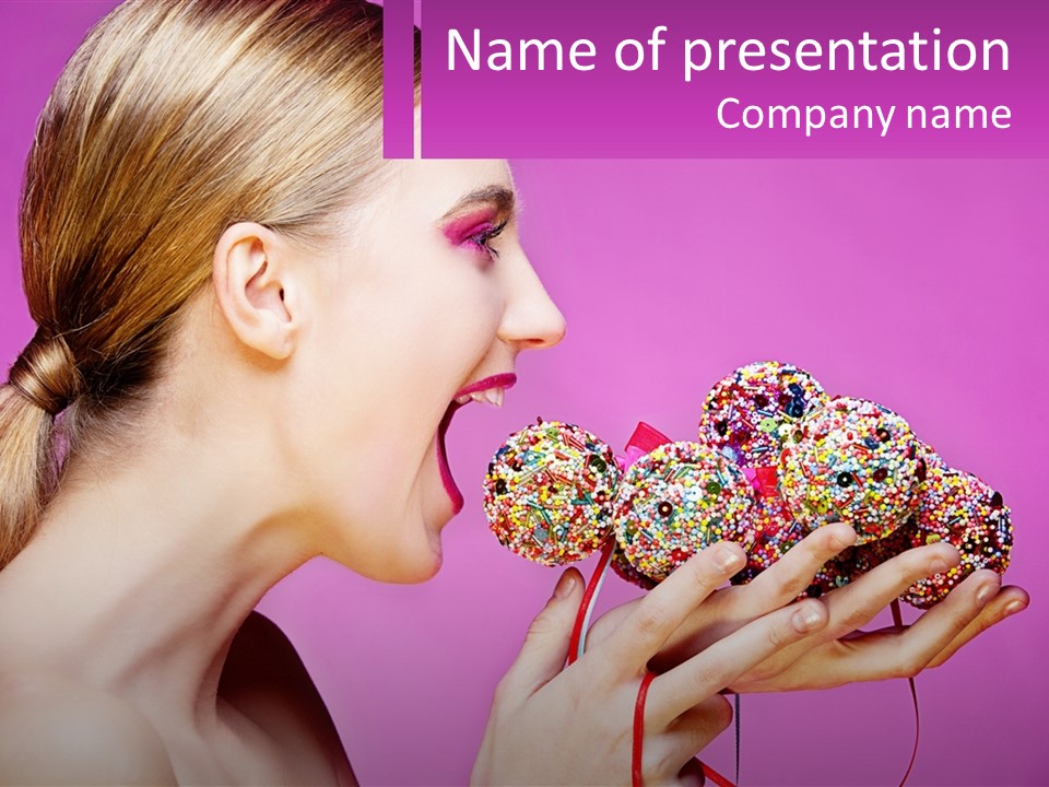 A Woman Biting Into A Donut With Sprinkles On It PowerPoint Template