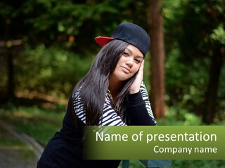 A Woman Sitting On A Bench With A Hat On Her Head PowerPoint Template