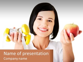 A Woman Holding An Apple And A Pair Of Dumbs PowerPoint Template