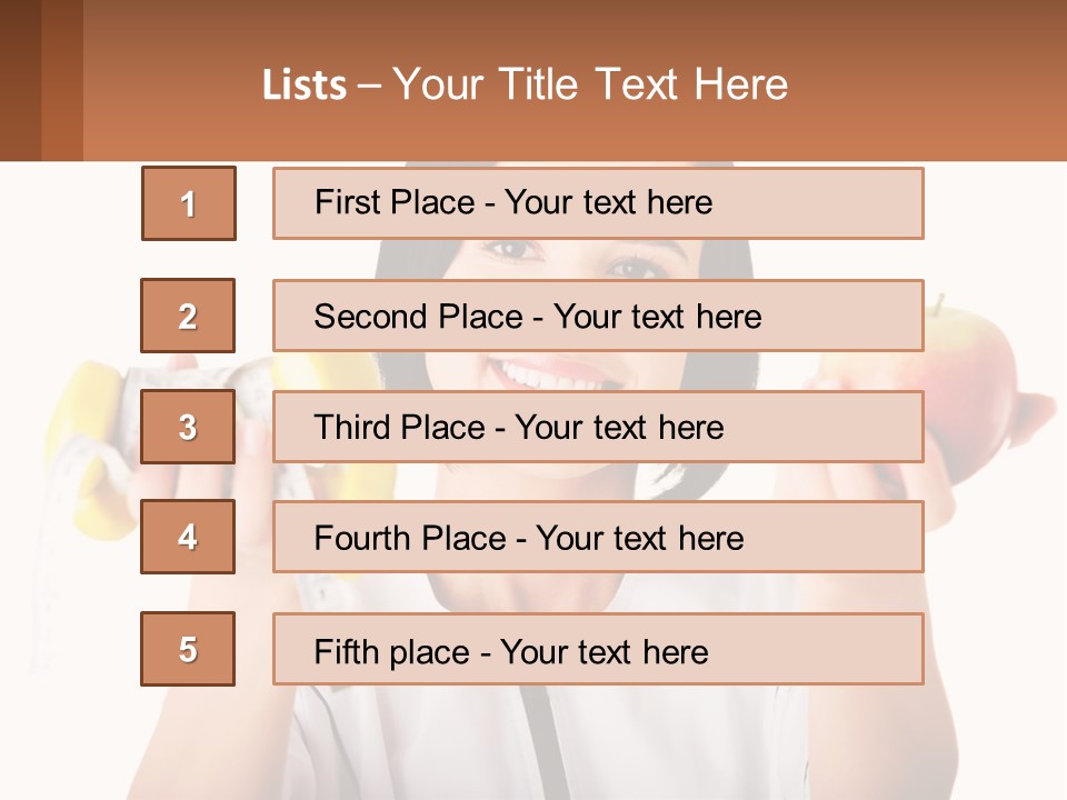 A Woman Holding An Apple And A Pair Of Dumbs PowerPoint Template