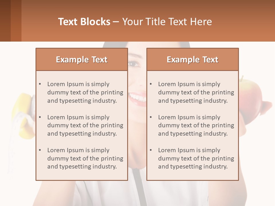 A Woman Holding An Apple And A Pair Of Dumbs PowerPoint Template