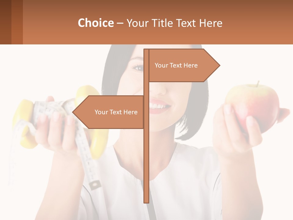 A Woman Holding An Apple And A Pair Of Dumbs PowerPoint Template